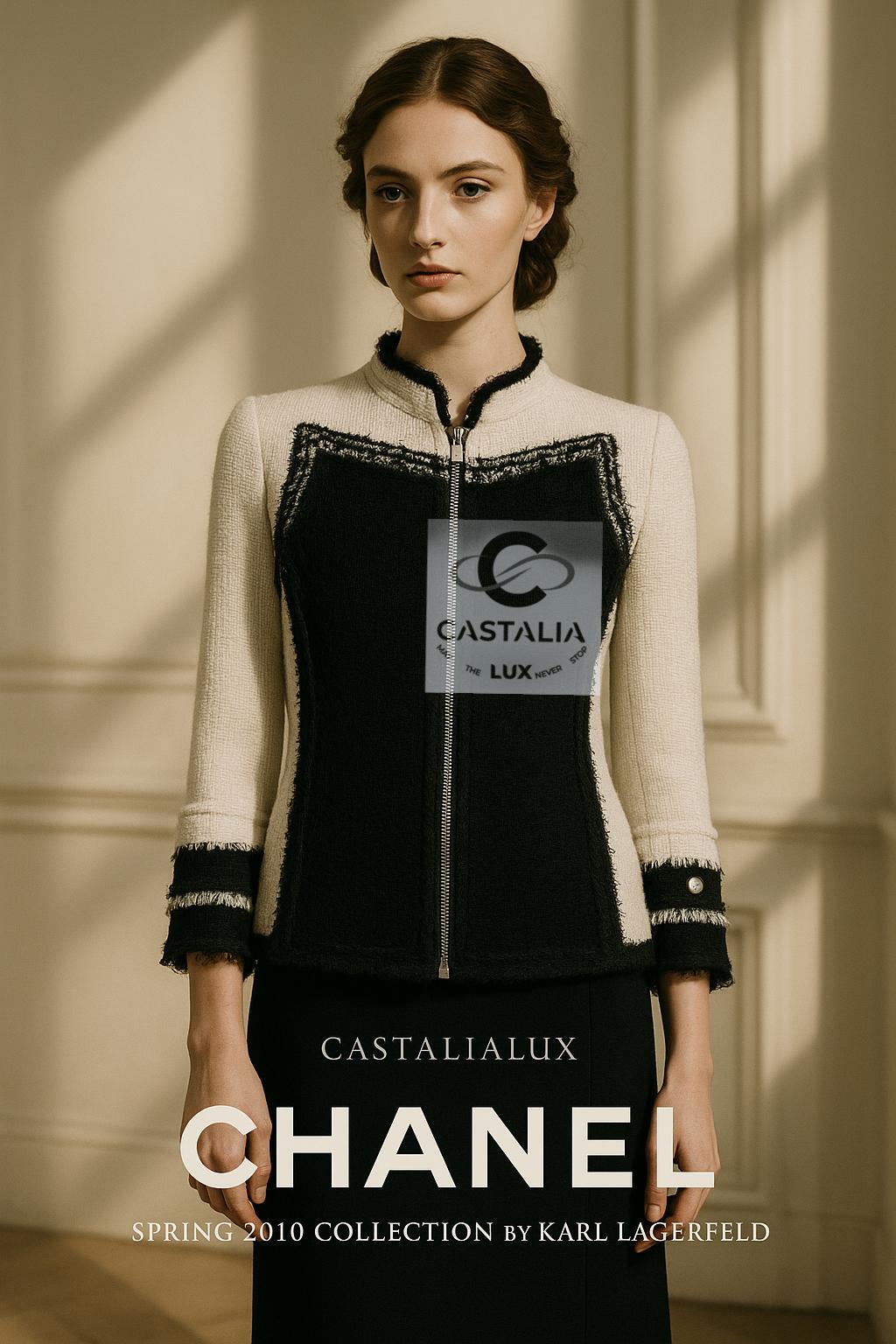 Black Chanel Country Coquette Monochrome Tweed Jacket 38 FR For Sale