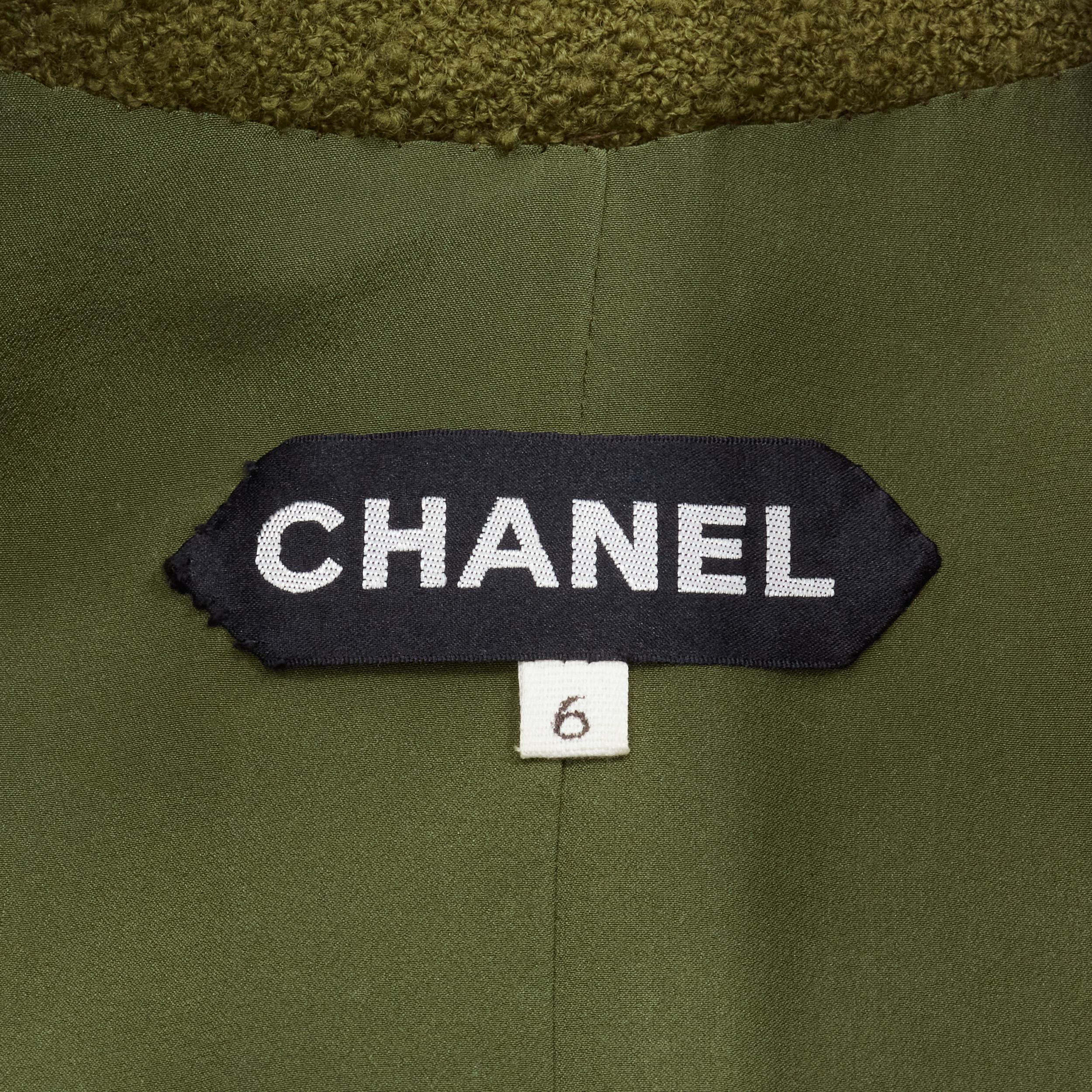 CHANEL COUTURE 96A green tweed gold filigree floral button long coat US6 M For Sale 8
