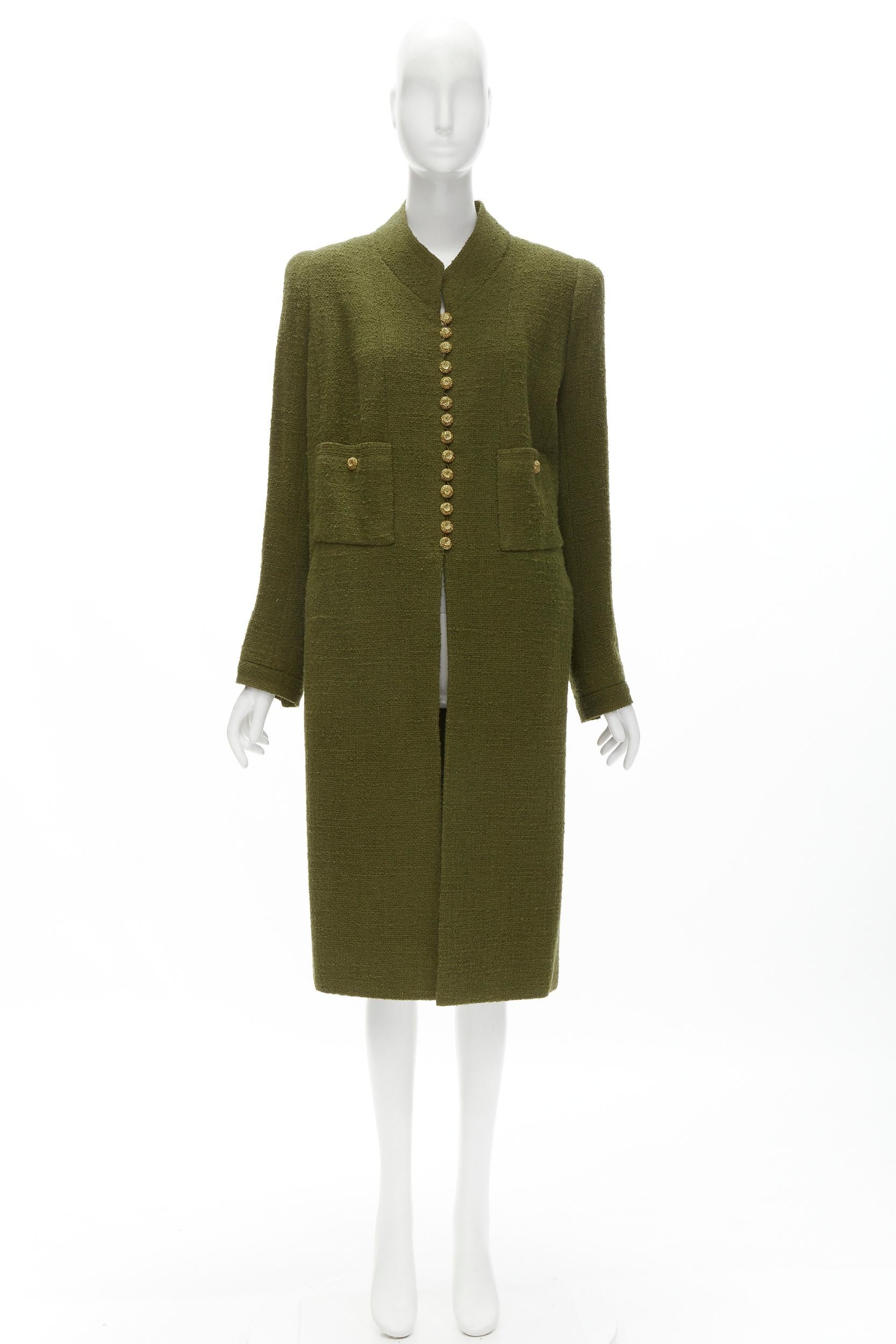 CHANEL COUTURE 96A green tweed gold filigree floral button long coat US6 M For Sale 10