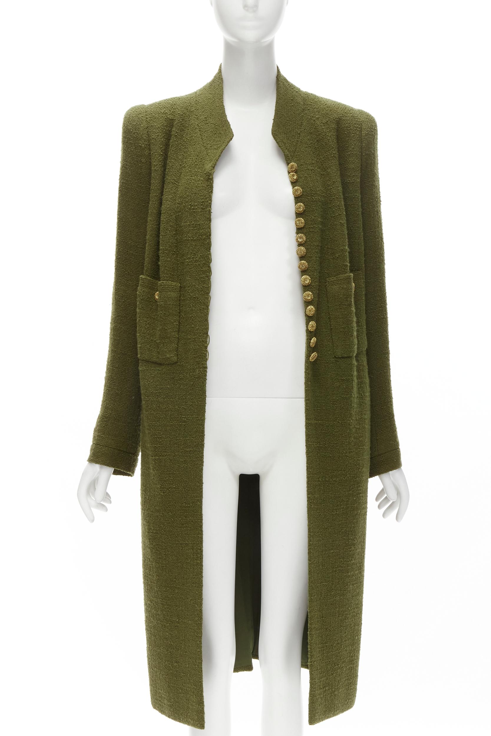 Brown CHANEL COUTURE 96A green tweed gold filigree floral button long coat US6 M For Sale