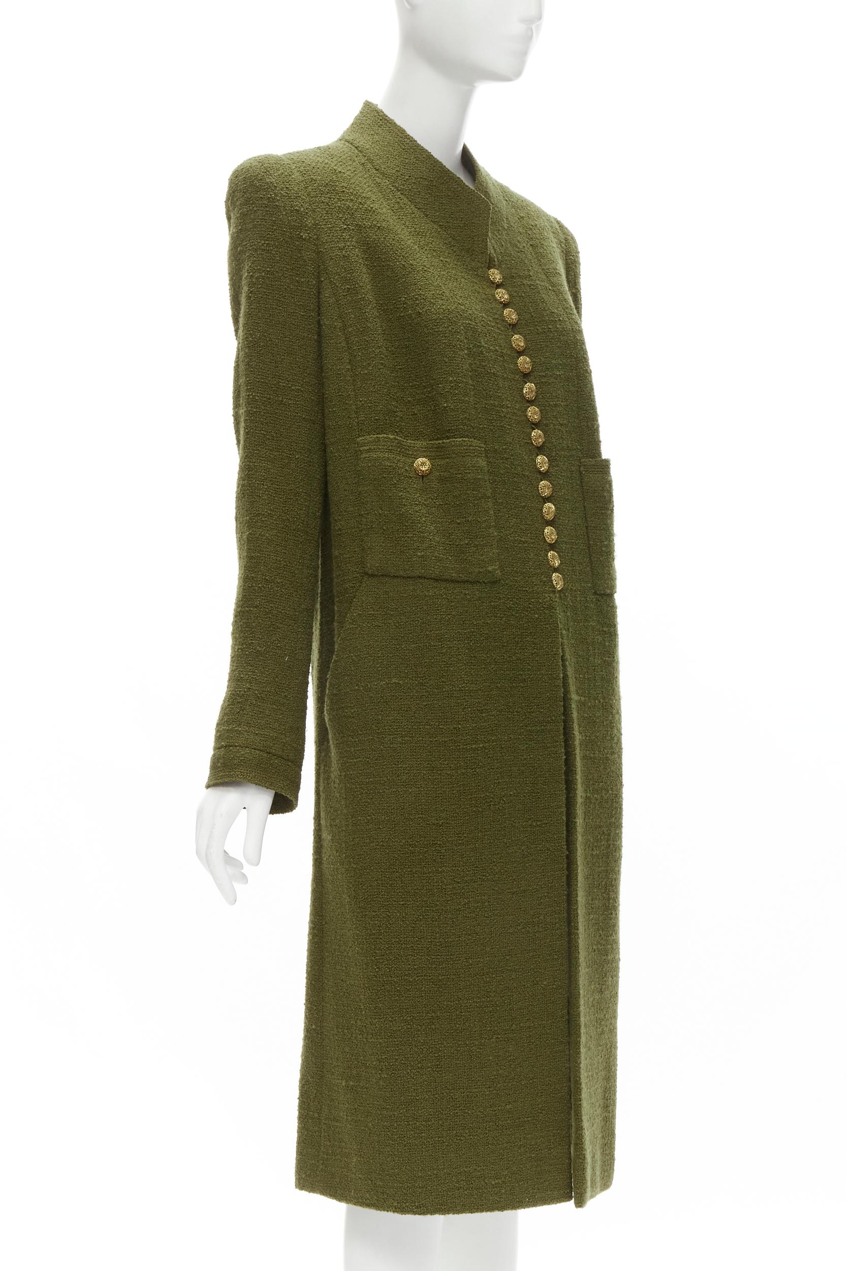 CHANEL COUTURE 96A green tweed gold filigree floral button long coat US6 M In Excellent Condition For Sale In Hong Kong, NT
