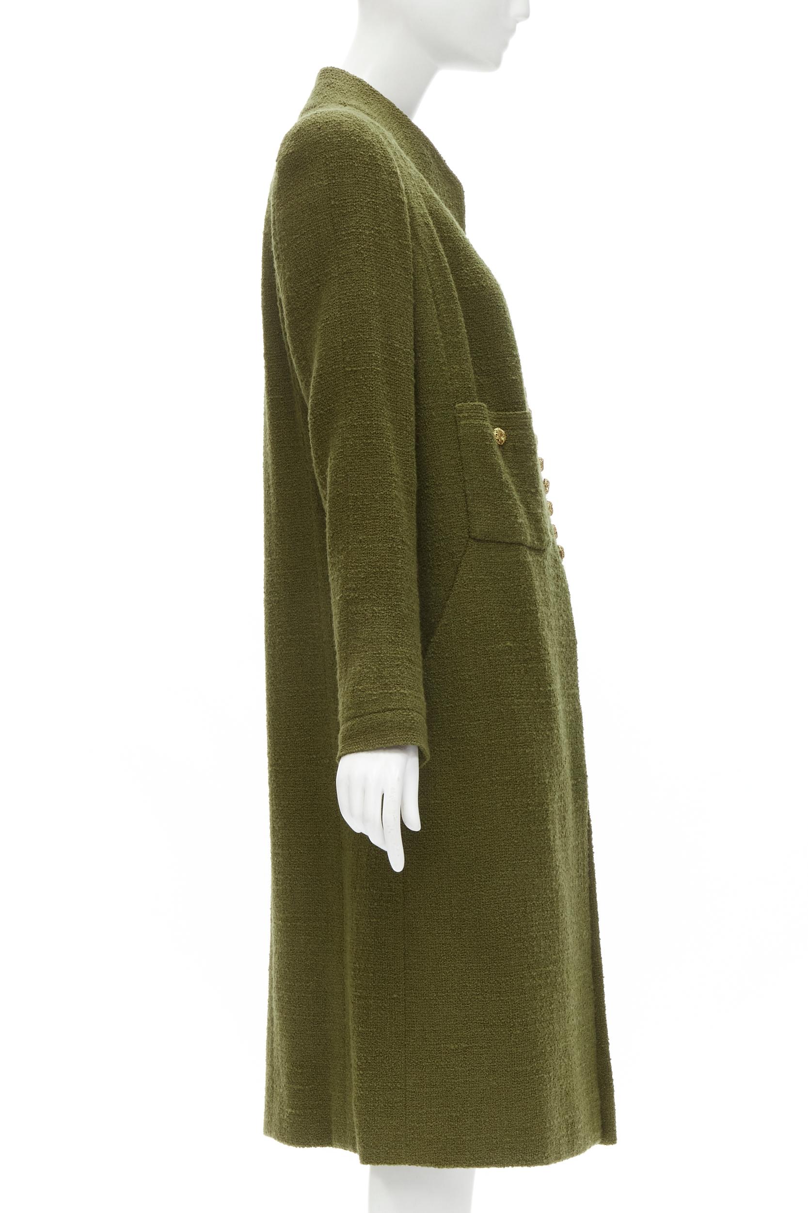Women's CHANEL COUTURE 96A green tweed gold filigree floral button long coat US6 M For Sale