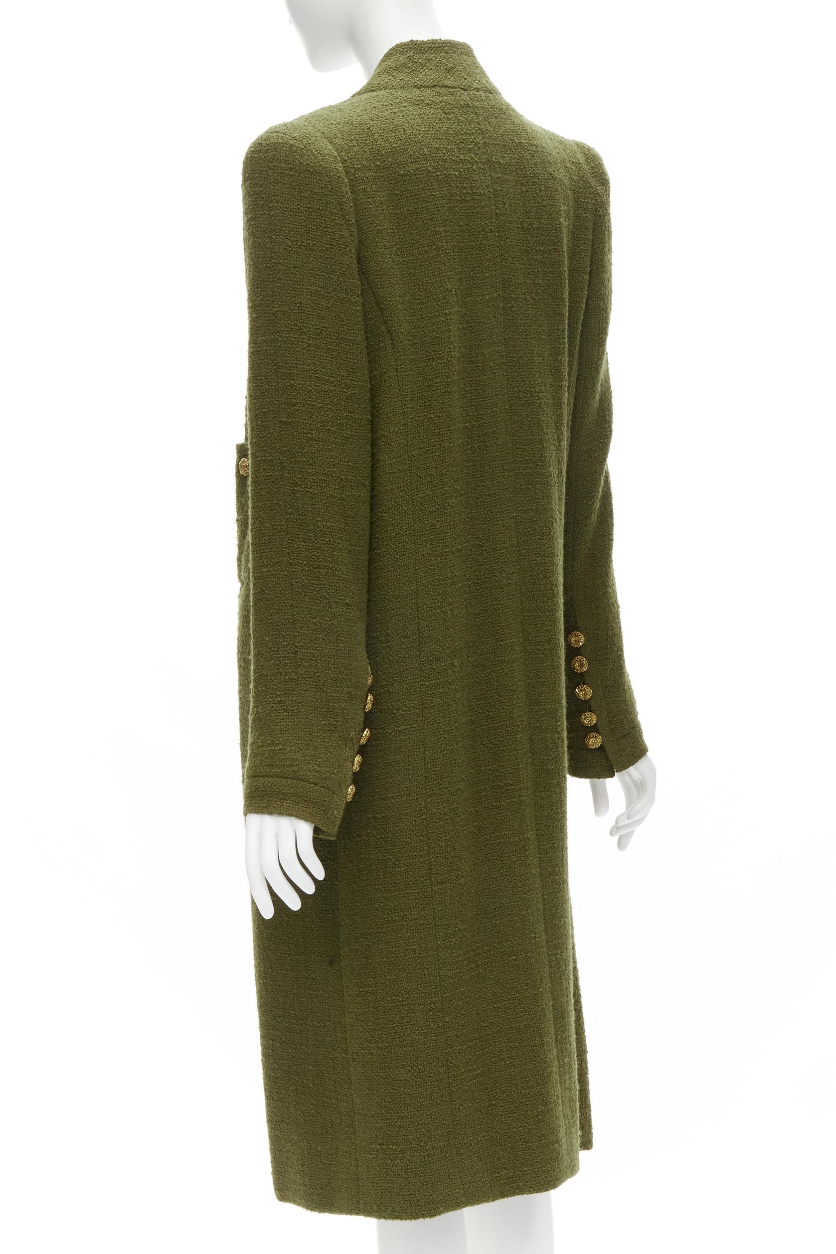 CHANEL COUTURE 96A green tweed gold filigree floral button long coat US6 M For Sale 2
