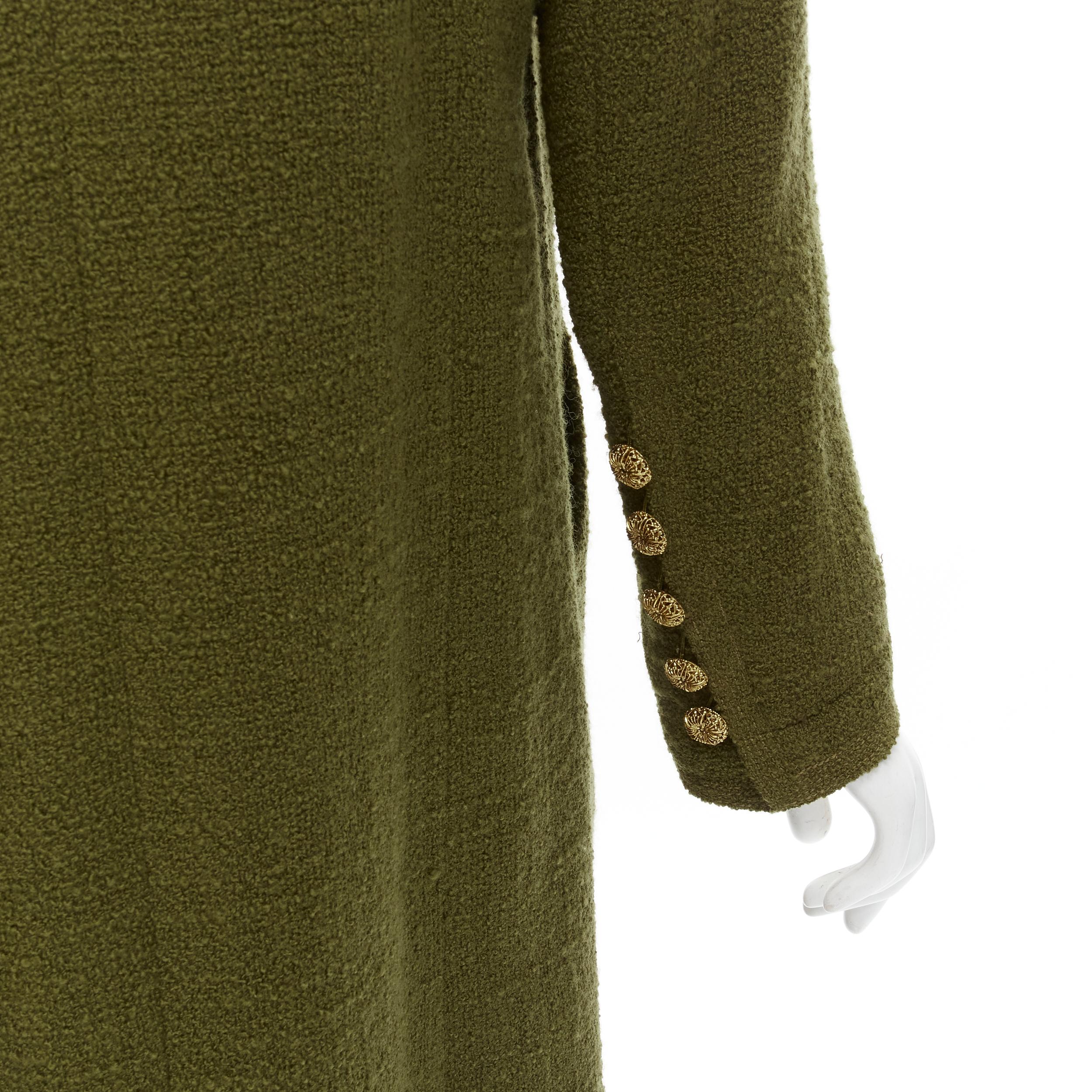 CHANEL COUTURE 96A green tweed gold filigree floral button long coat US6 M For Sale 3