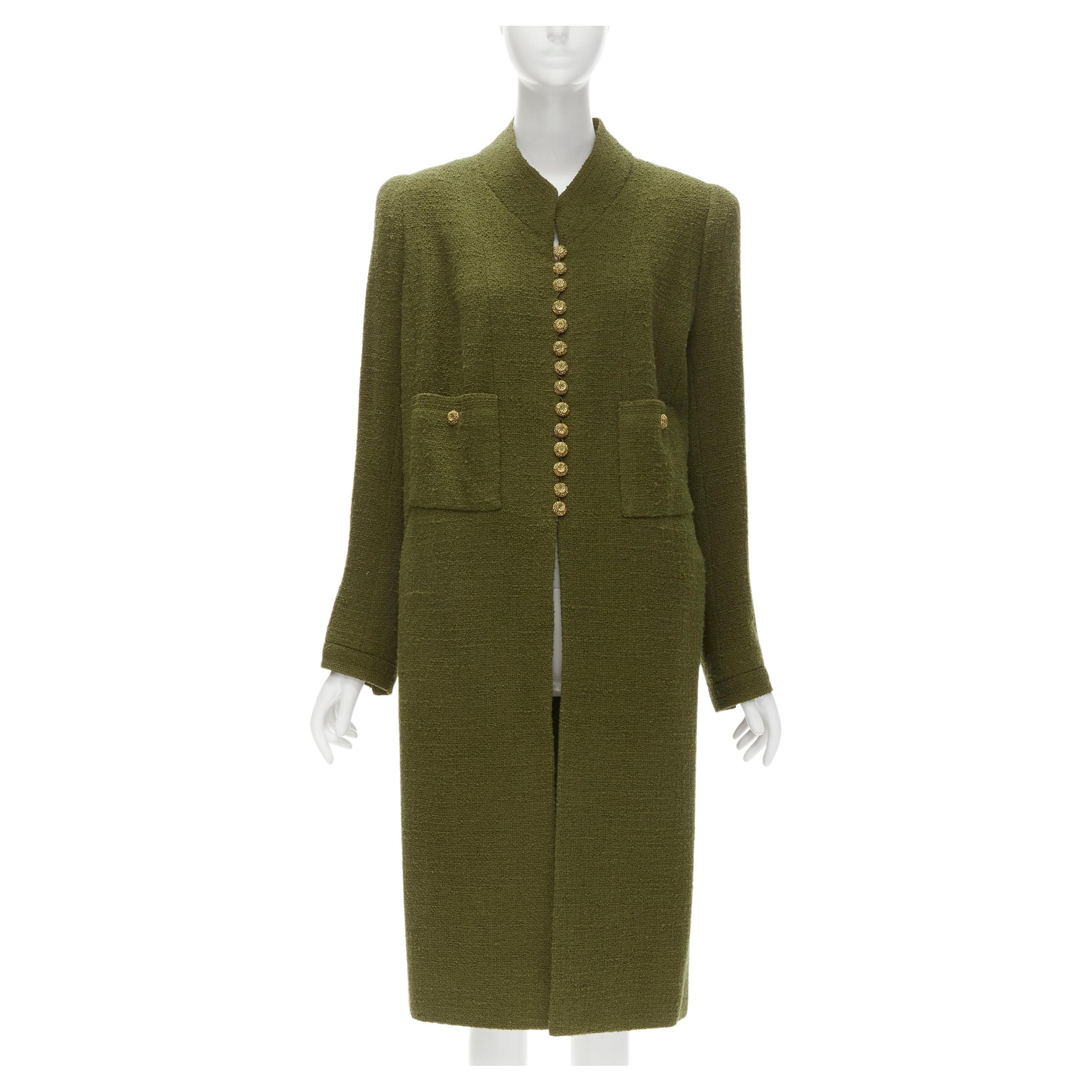 CHANEL COUTURE 96A green tweed gold filigree floral button long coat US6 M For Sale