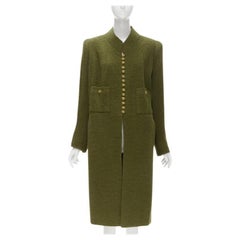 CHANEL COUTURE 96A green tweed gold filigree floral button long coat US6 M