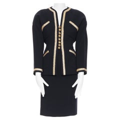 CHANEL COUTURE black wool crystal bead embellished  4 pocket jacket skirt suit