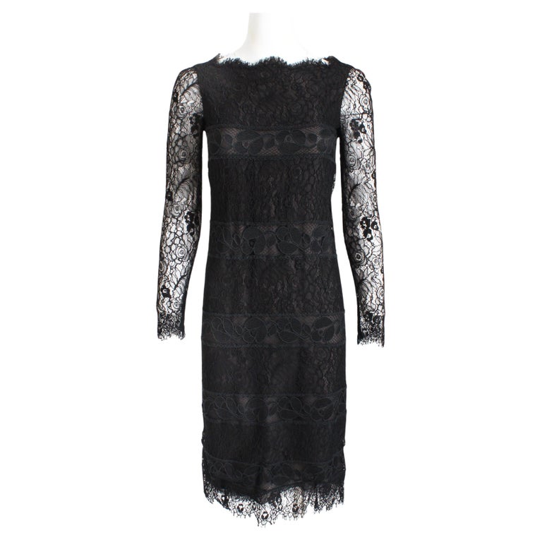CHANEL 08P Size 6 Black White Silk Applique A-Line Cocktail Dress