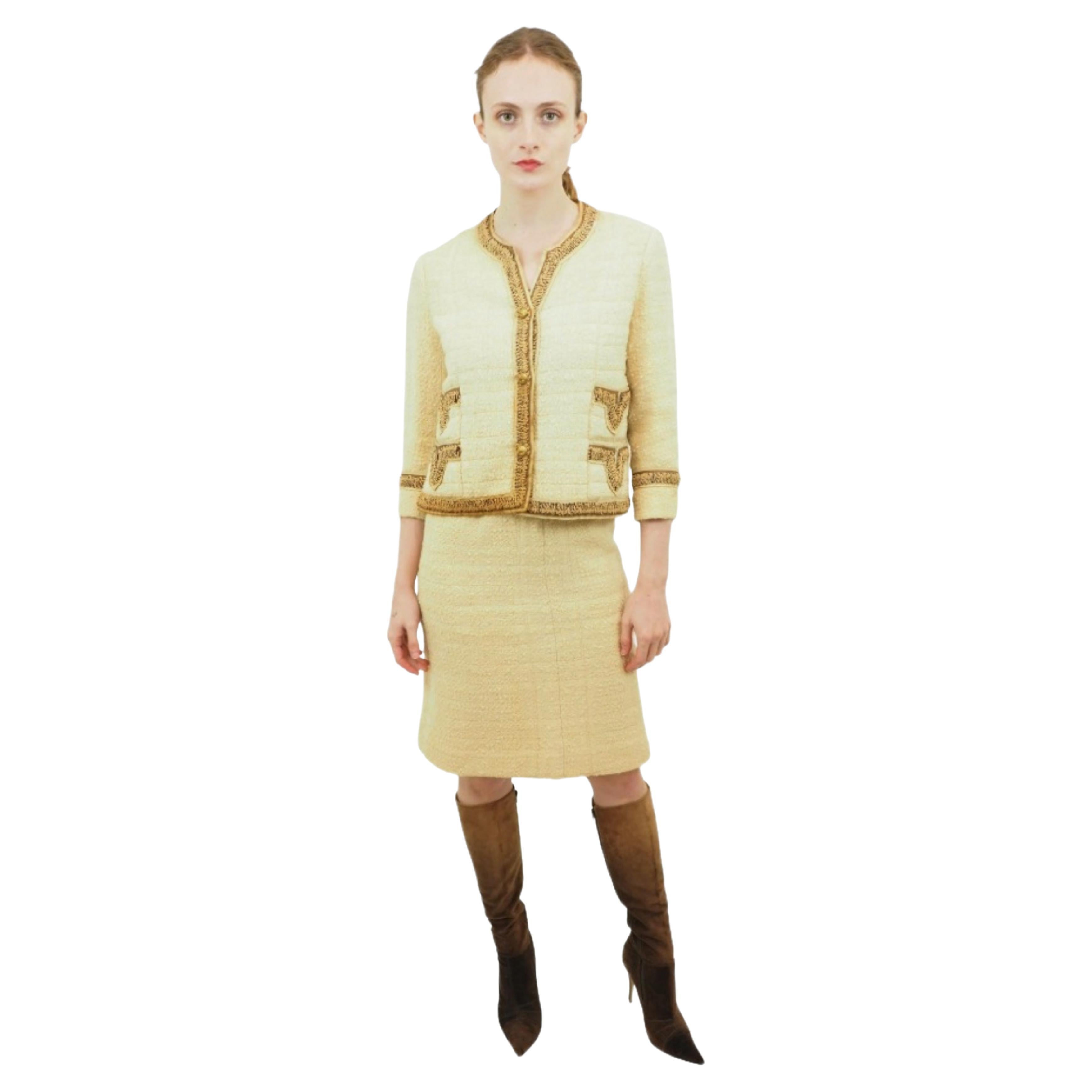 Pre-owned Chanel Couture Cream Tweed Suit With Ribbon Trim In White