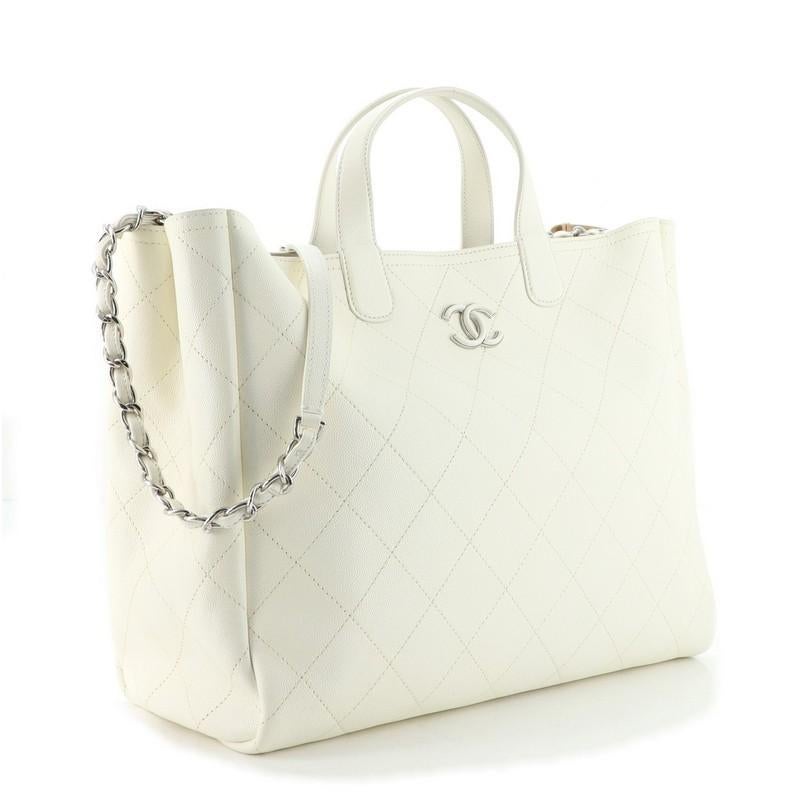 Chanel Covered CC Einkaufstasche genäht Kaviar groß (Weiß)