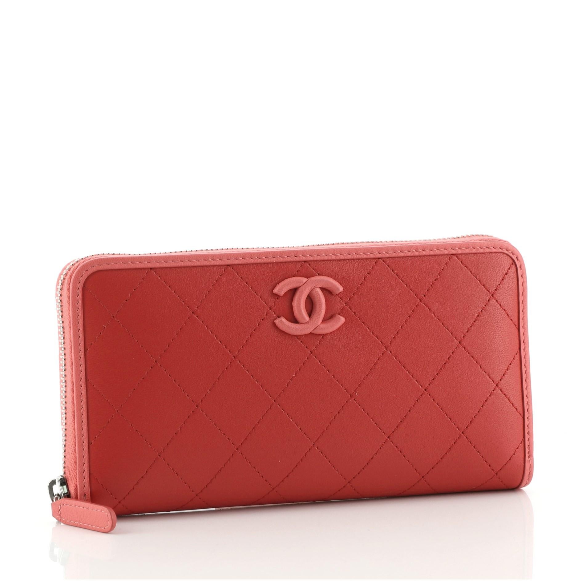 Red Chanel Covered CC Zip Around Wallet Quilted Lambskin Long