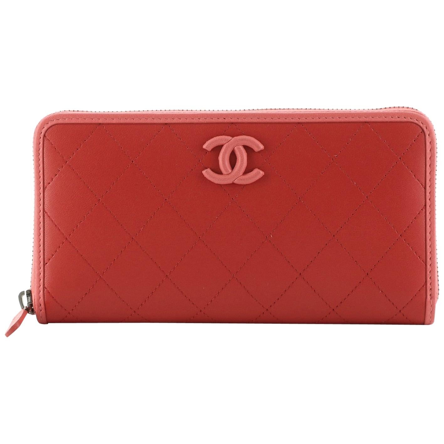 Chanel Covered CC Zip Around Wallet Quilted Lambskin Long
