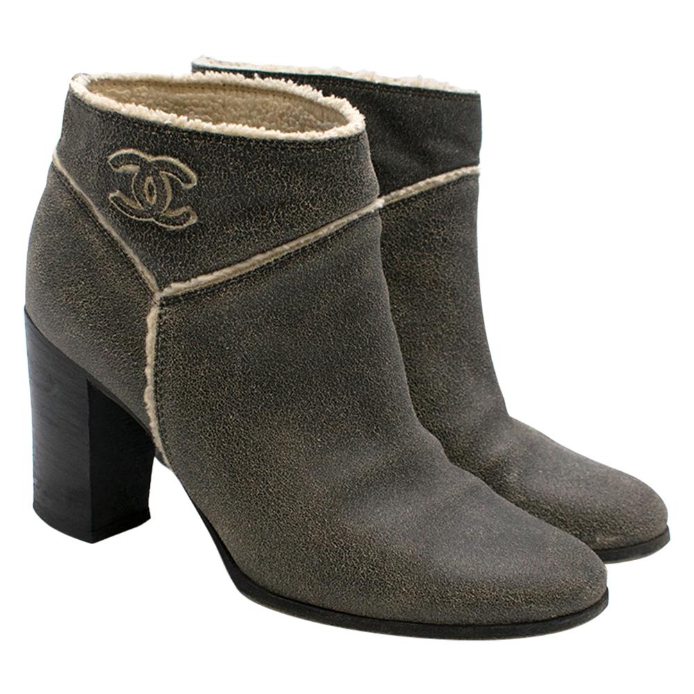 Chanel Crackled Suede Shearling Lined Ankle Boots SIZE 37.5