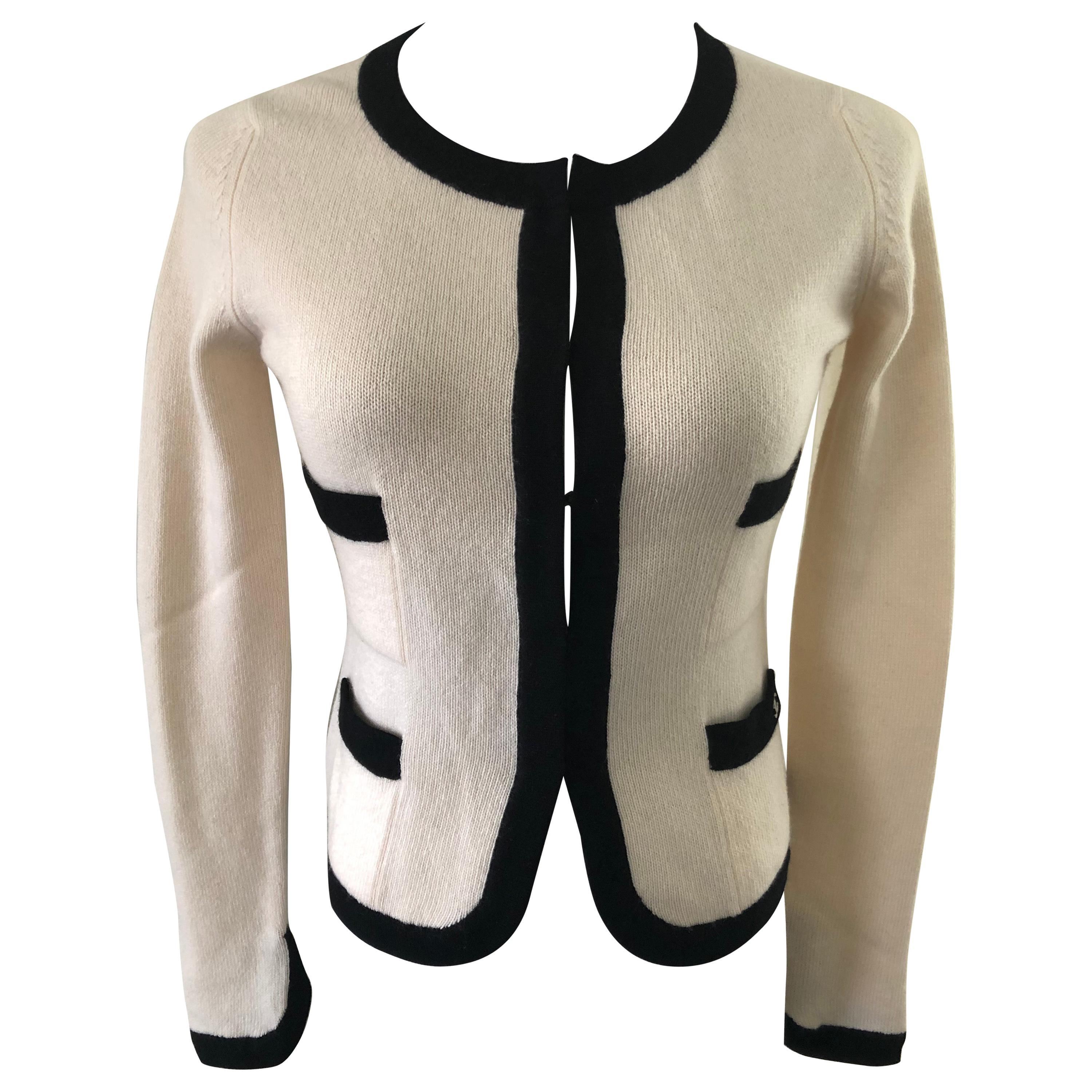 Chanel Cream and Black Cashmere Cardigan Size 36 Fr.