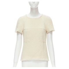 CHANEL cream bead embellished waffle tweed wool overstitch frayed button back 
