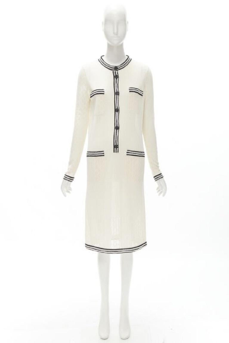 CHANEL beige crema 4 bolsillos negro CC vestido midi de punto de ganchillo FR38 S en venta 6