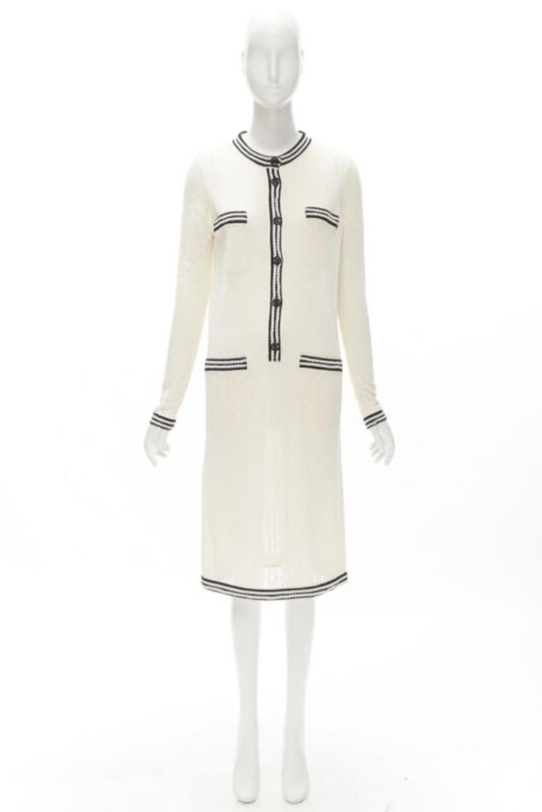 CHANEL cream beige 4-pocket black CC crochet knit midi dress FR38 S 7