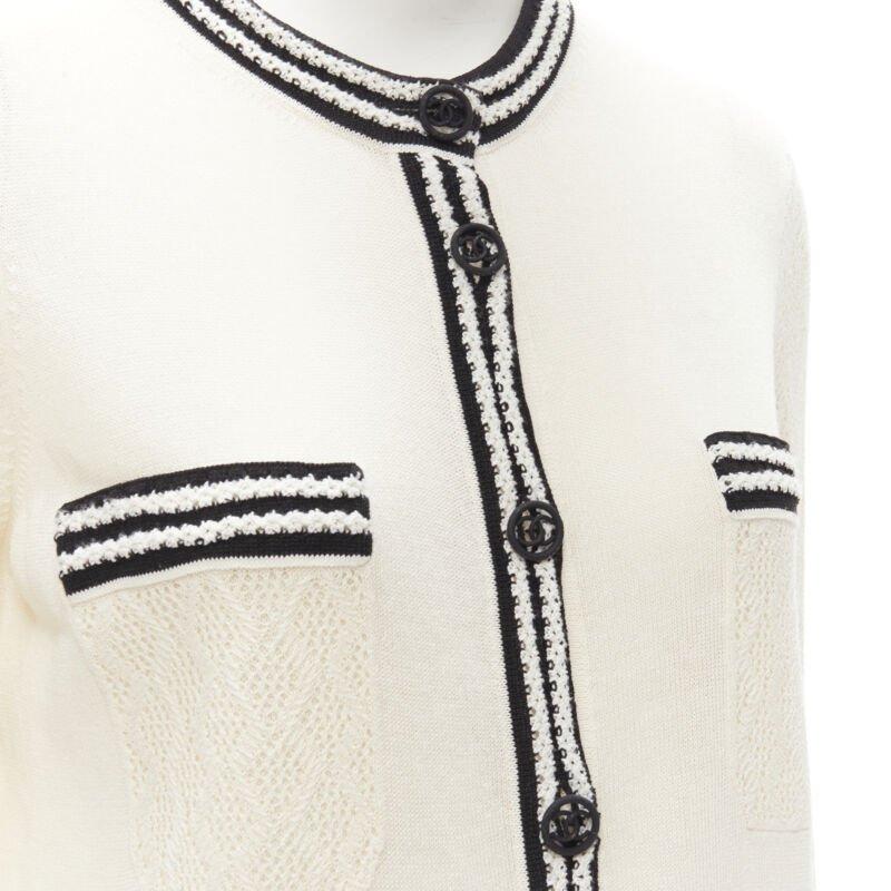 CHANEL cream beige 4-pocket black CC crochet knit midi dress FR38 S 3