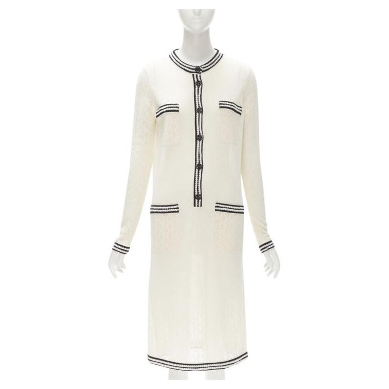 CHANEL cream beige 4-pocket black CC crochet knit midi dress FR38 S