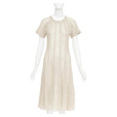 CHANEL cream beige alpaca blend textured knit CC short sleeve midi dress FR38 M