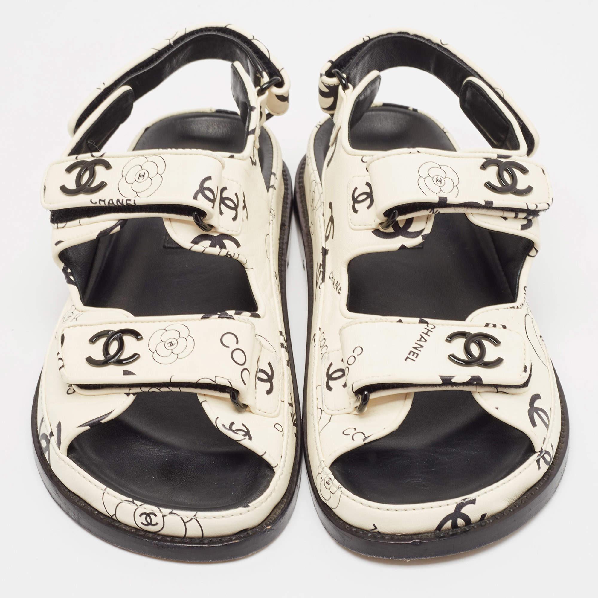 Beige Chanel Cream/Black CC Leather Dad Flat Sandals Size 38