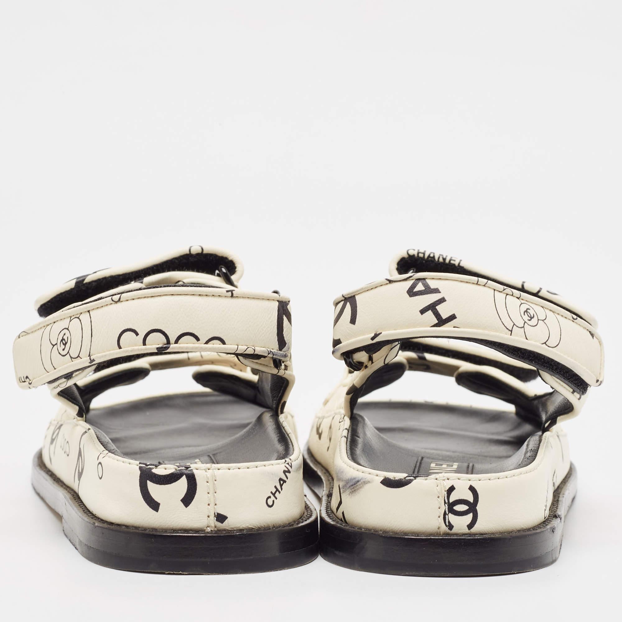 Women's Chanel Cream/Black CC Leather Dad Flat Sandals Size 38
