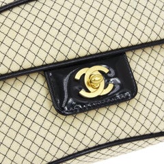 Chanel Cream Black Fabric Patent Leather Gold Medium Shoulder Flap Bag in Box