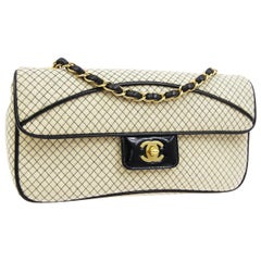 Chanel Cream Black Fabric Patent Leather Gold Medium Shoulder Flap Bag in Box 
