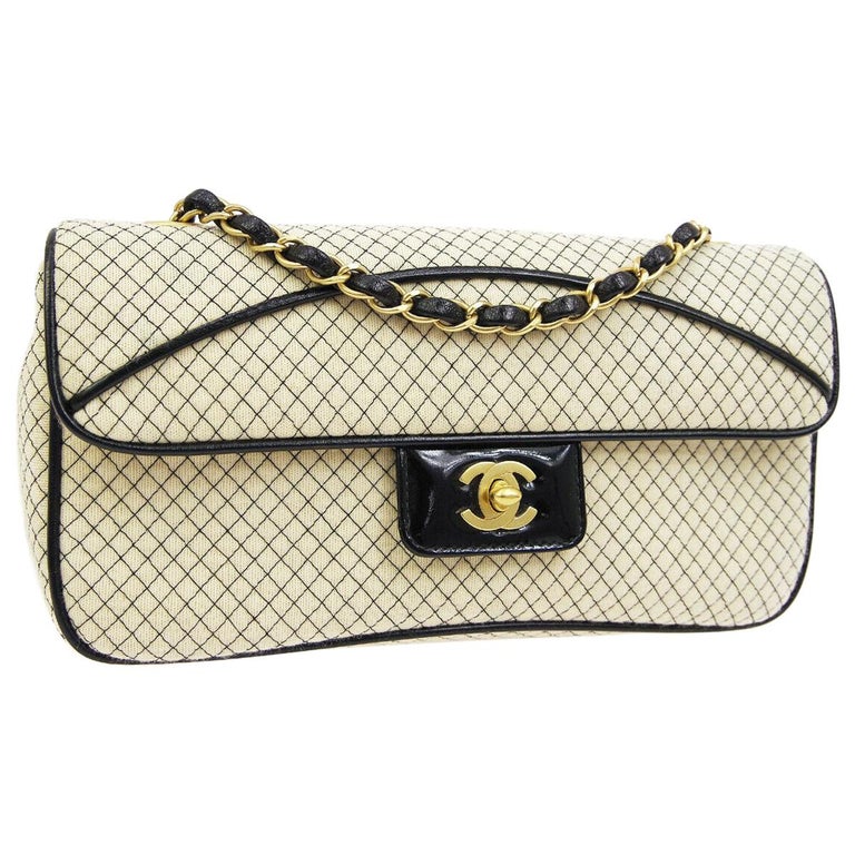 Chanel Cream Black Fabric Patent Leather Gold Medium Shoulder Flap Bag in  Box at 1stDibs