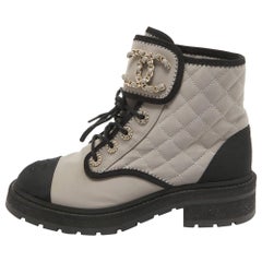 Chanel Cream/Black Leather and Canvas Ankle Length Boots Size 38.5
