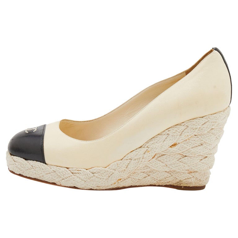 Chanel Cream/Black Leather CC Cap Toe Espadrille Platform Wedge Pumps