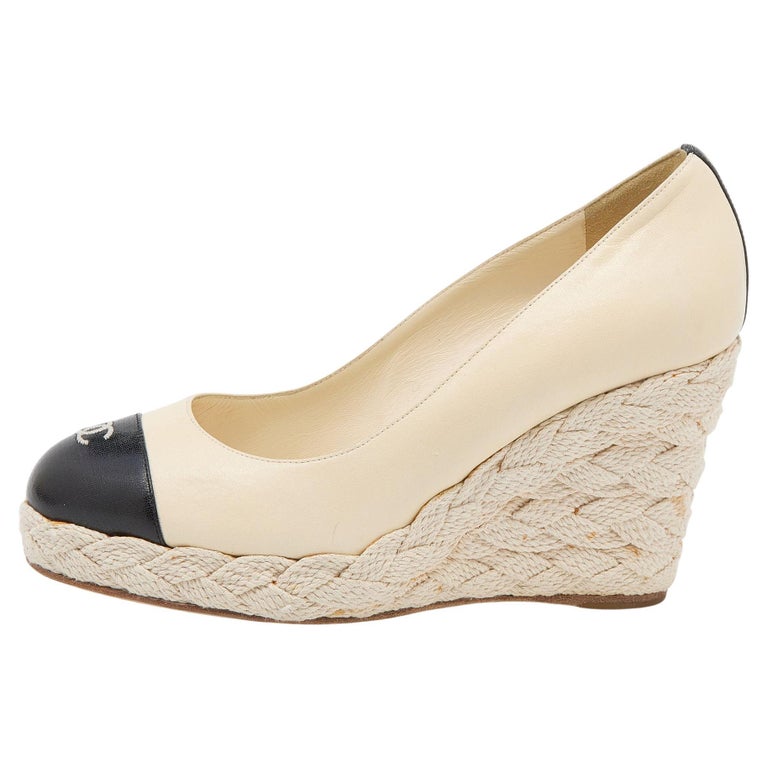 Chanel Cream/Black Leather CC Cap Toe Wedge Espadrille Pumps Size 38 at  1stDibs | chanel espadrilles cream and black
