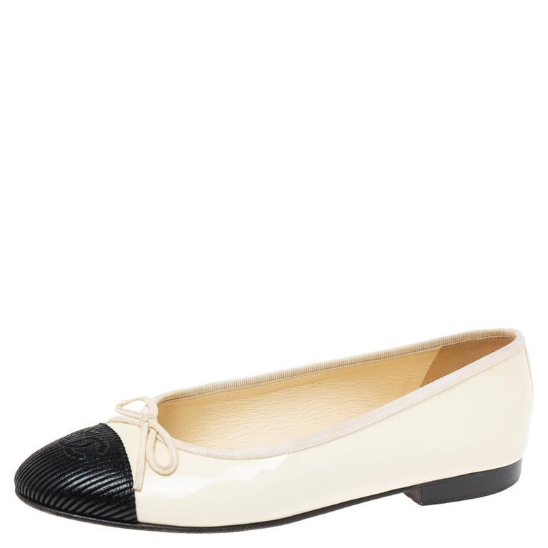 Chanel Cream/Black Patent And Leather CC Bow Cap Toe Ballet Flats