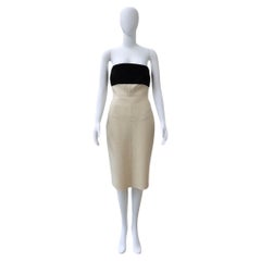 CHANEL Cremefarbenes und schwarzes trägerloses Colorblock-Kleid aus Wolle