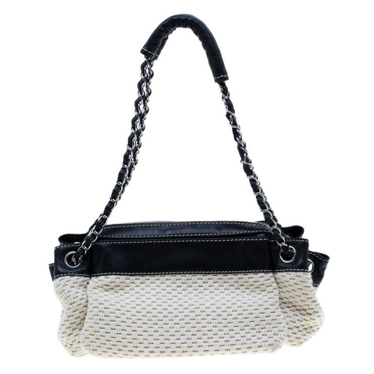 Chanel Cream/Black Woven Fabric and Leather LAX Accordion Satchel For ...