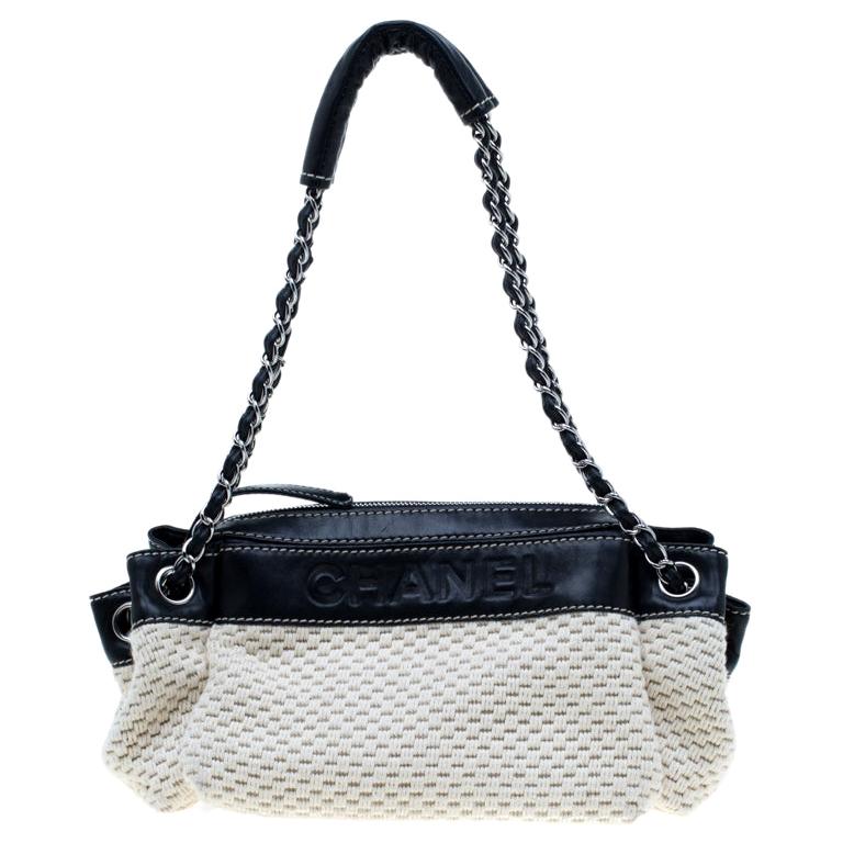 Chanel Cream/Black Woven Fabric and Leather LAX Accordion Satchel For Sale  at 1stDibs