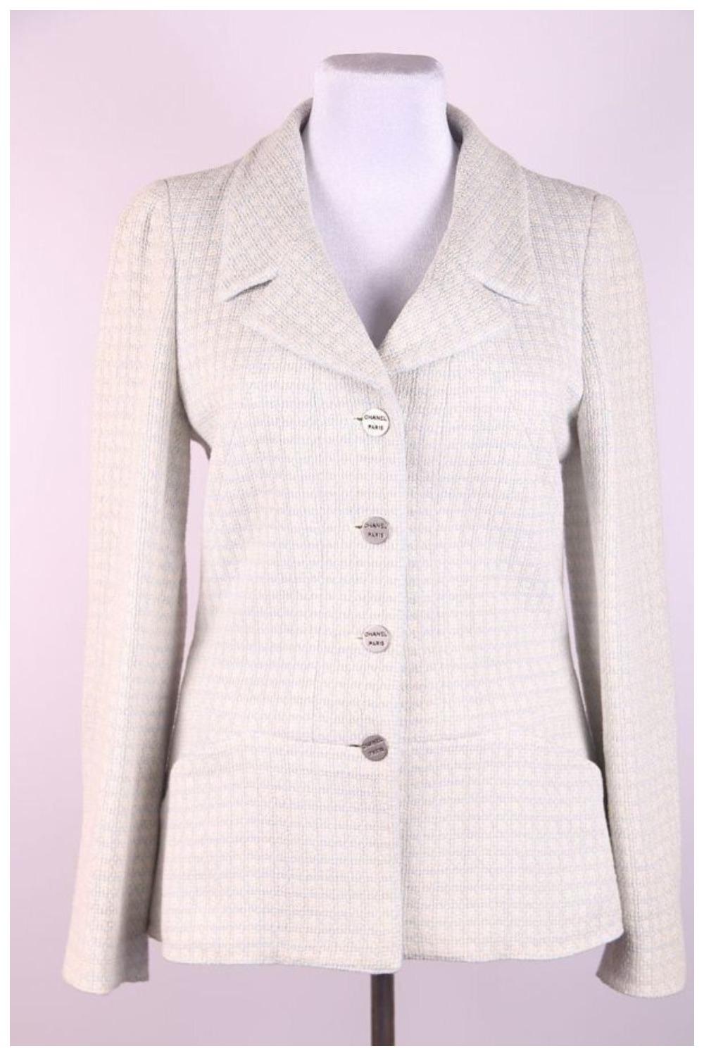 Chanel by Karl Lagerfeld 2000 00C jacket CC logo buttons 
Designer: Karl Lagerfeld for Channel
Collection: Chanel 2000 cruise
Country of production: France
Marked Size: 6 US 42 It 38 Fr
Composition: 80% wool, 20% Viscose
Lining: 90% silk, 10%