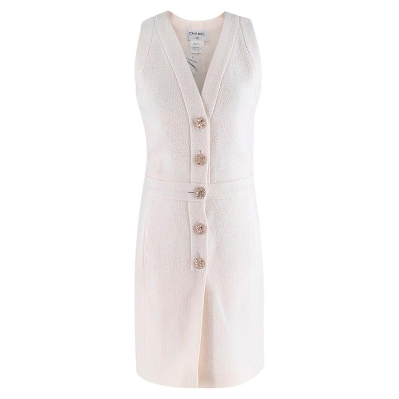 Chanel Cream Boucle Button Front Sleeveless Dress For Sale