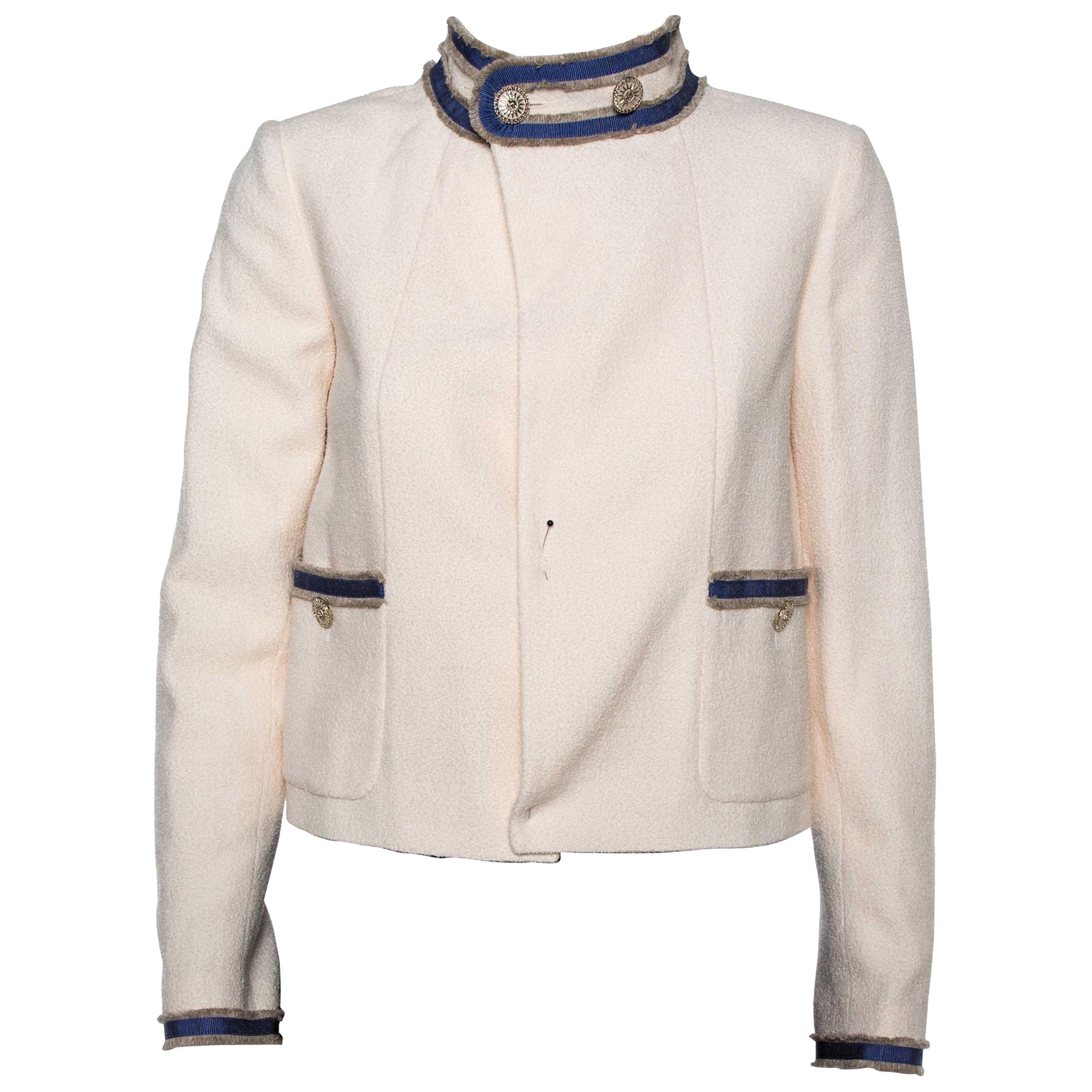 Chanel Cream Boucle Stand Collar Button Detail Jacket S