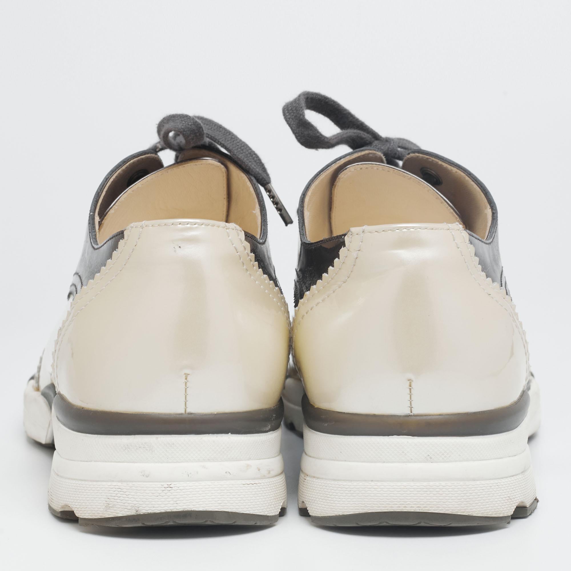 Gray Chanel Cream/Bronze Patent Leather CC Sneakers Size 40