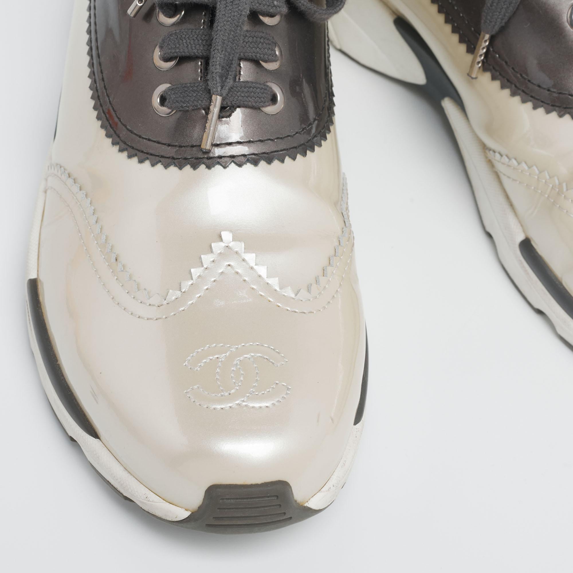 Women's Chanel Cream/Bronze Patent Leather CC Sneakers Size 40
