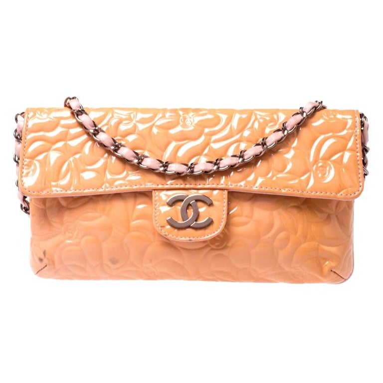 Chanel Cream Camellia Embossed Patent Leather CC Flap Chain Bag