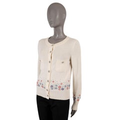 CHANEL cream cashmere 2012 12C FLORAL BEADED Cardigan Sweater 36 XS