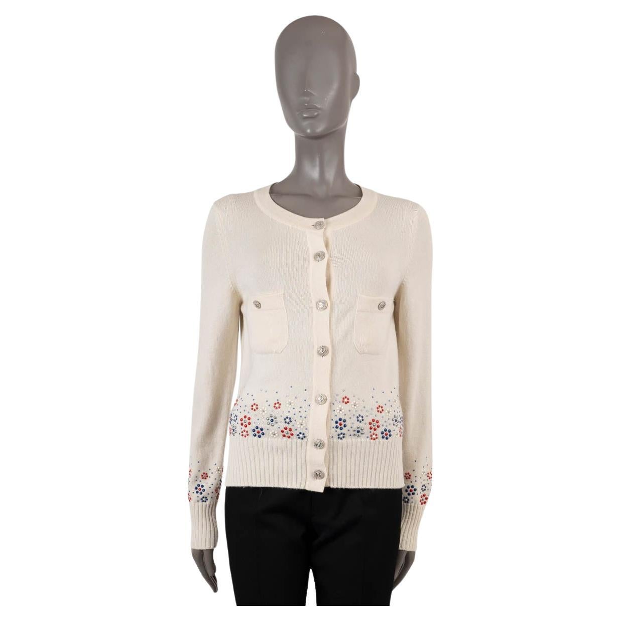 CHANEL cream cashmere 2012 12C FLORAL BEADED Cardigan Sweater 36 XS For Sale