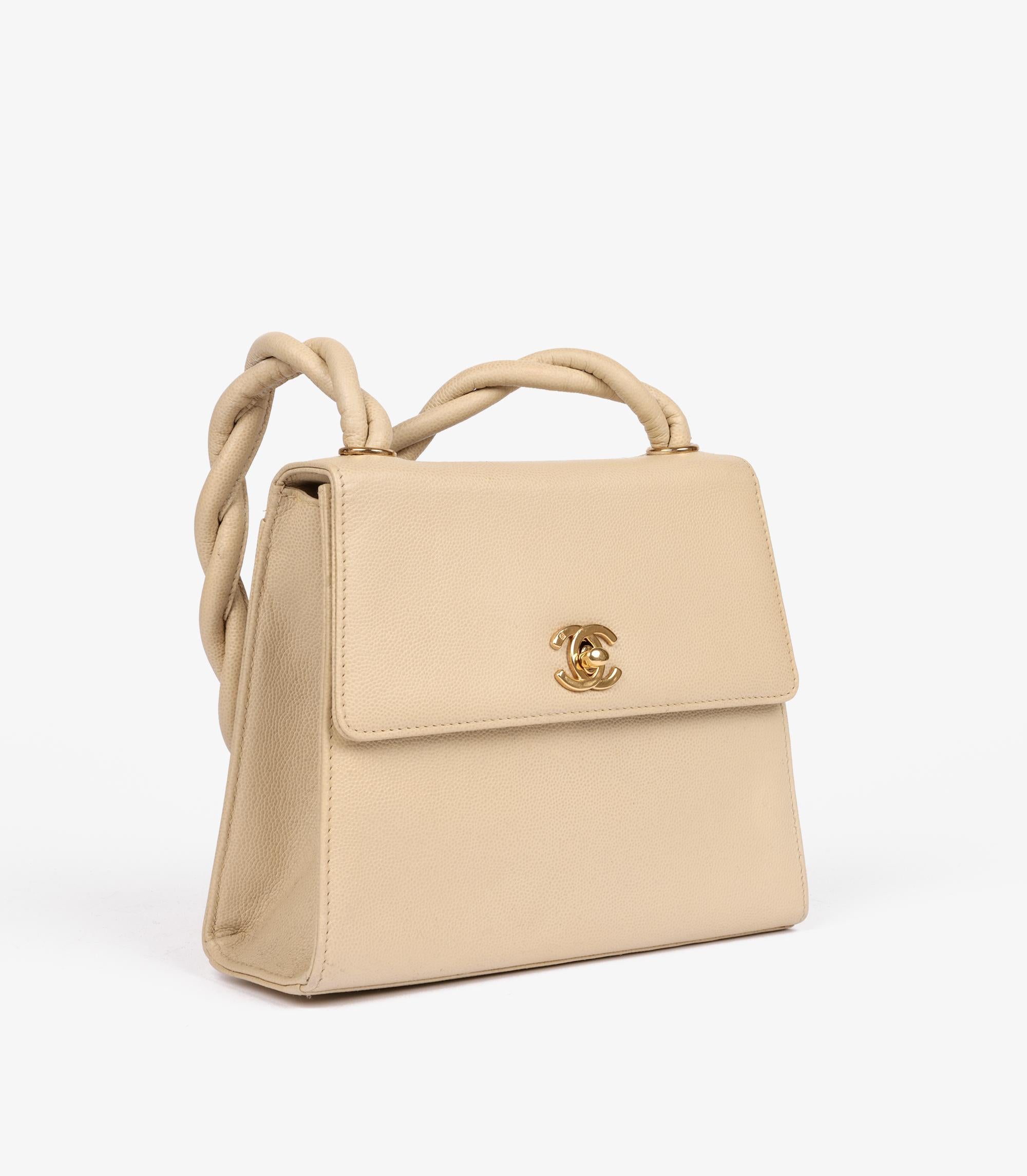 Chanel Creme Kaviar Leder Vintage geflochtene Mini Trapez Classic einzelne Klappe Tasche (Beige) im Angebot