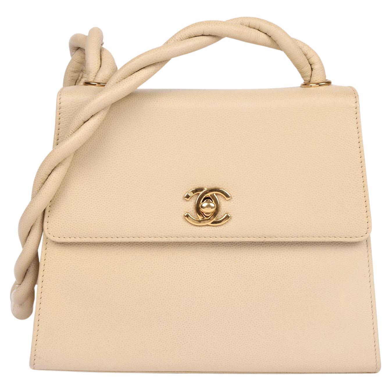 Chanel Cream Caviar Vintage Leather Braided Mini Trapeze Classic Single Flap Bag