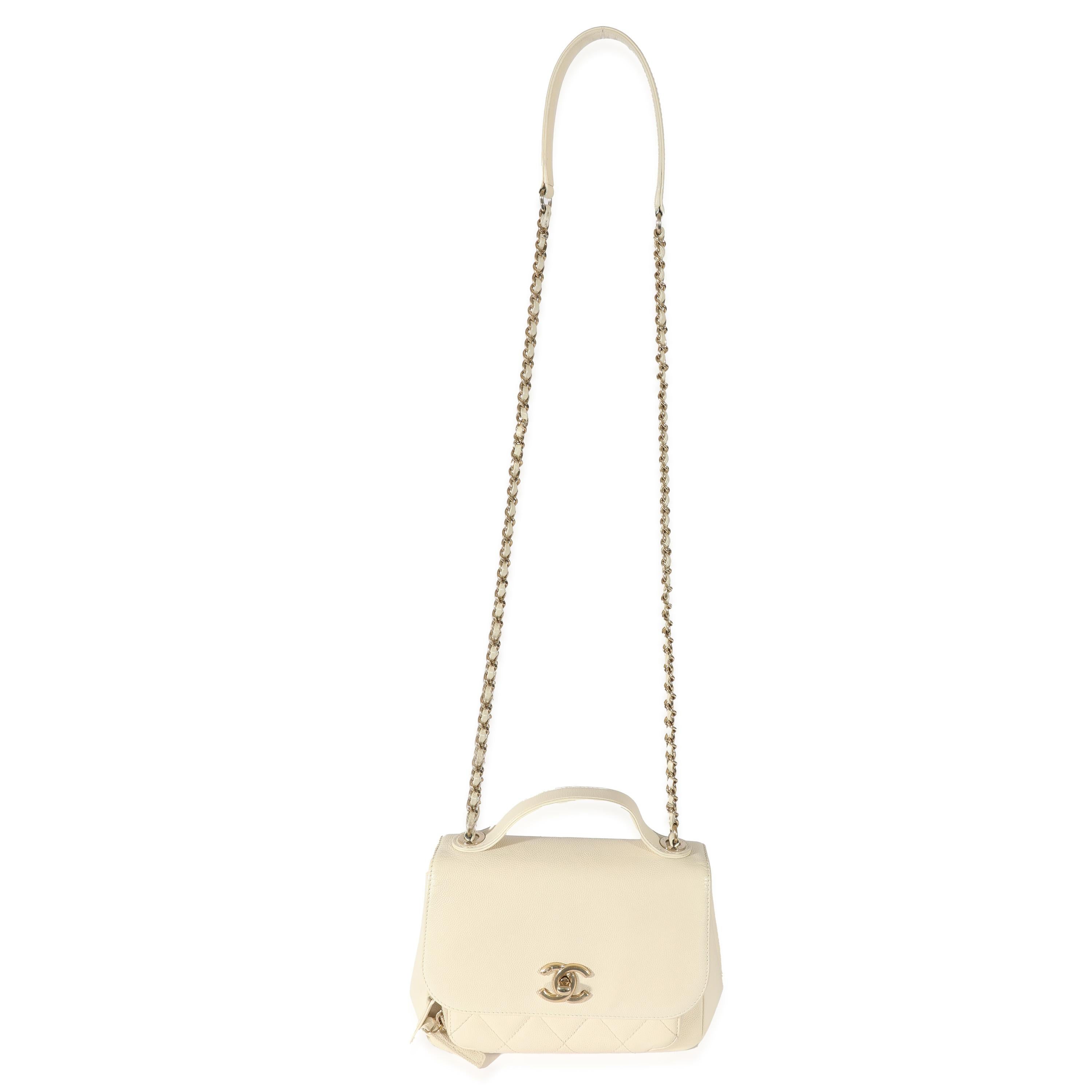 Listing Title: Chanel Cream Caviar Mini Business Affinity Flap
SKU: 128009
Condition: Pre-owned 
Handbag Condition: Good
Condition Comments: Good Condition. Exterior scuffing, wrinkling, and discoloration throughout. Heavy scratching at hardware.