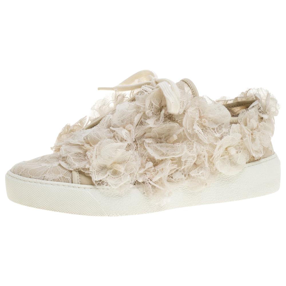 Chanel Cream CC Camellia Lace Low Top Sneakers Size 36