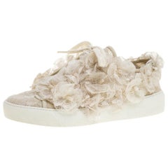 Chanel Cream CC Camellia Lace Low Top Sneakers Size 36