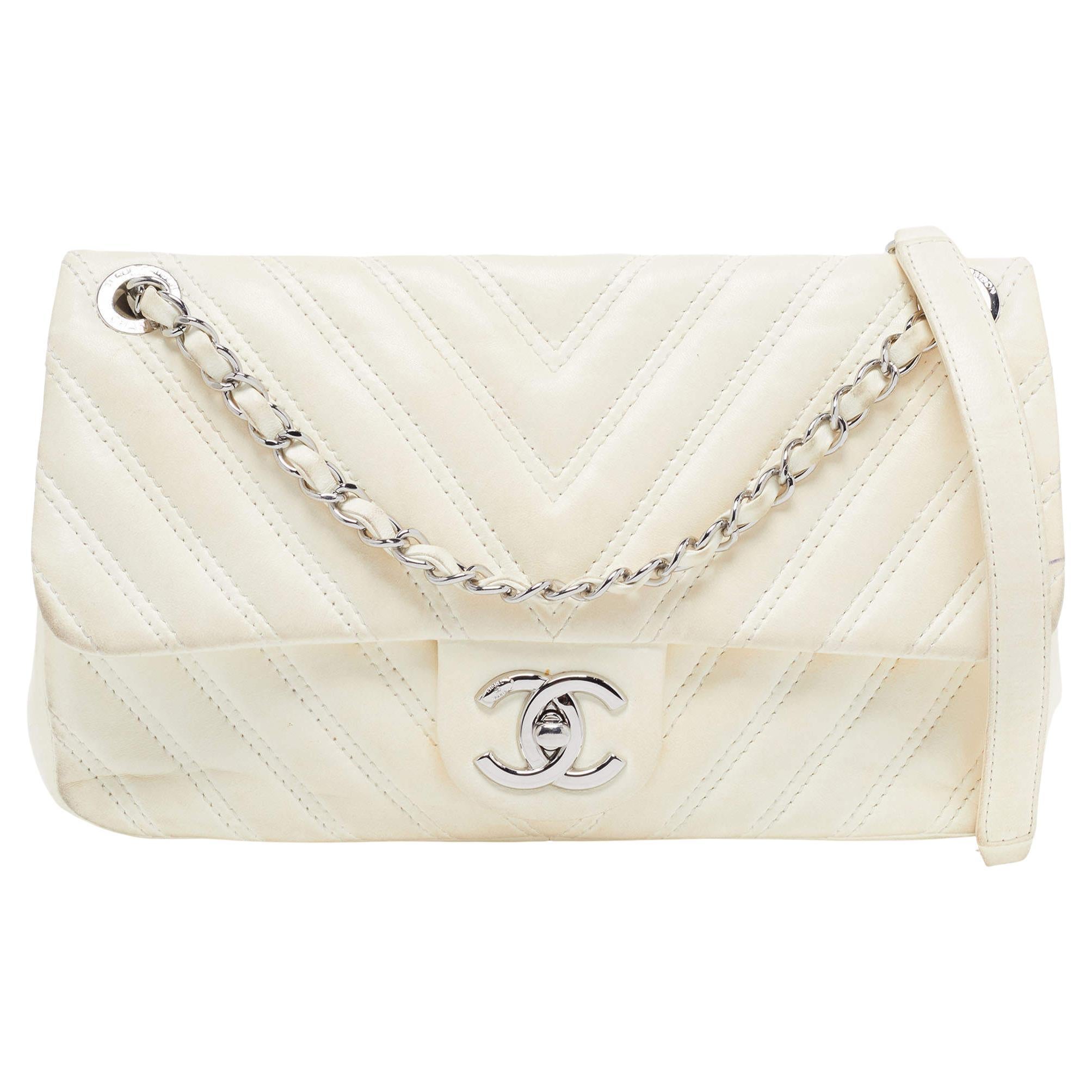 Chanel Cream Chevron Leather Medium Classic Single Flap Bag at 1stDibs